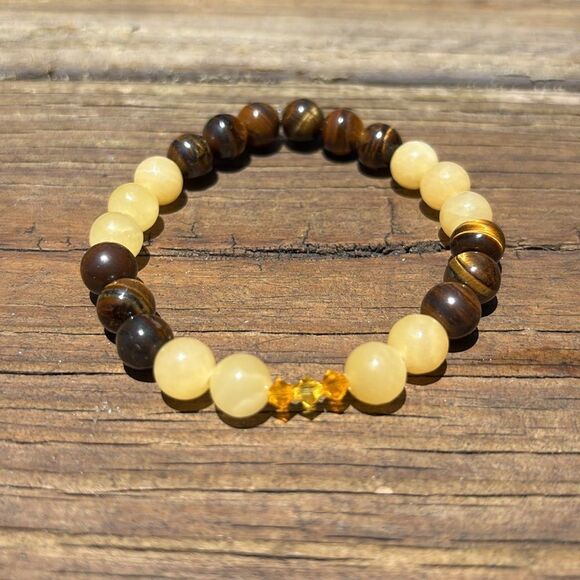 Elegant Yellow and Brown Beaded Bracelet tigers eye old yellow jade & Swarovski - Picture 1 of 5